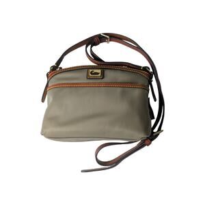 AUTH Dooney & Bourke Crossbody Bag In Beige Nylon & Saddle Tan Leather Gold HW